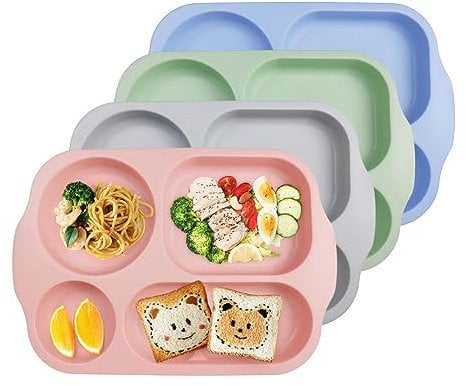 greenandlife Assiettes 5 Compartiments pour Les Adultes et Enfants, Lot de 4 Assiette Plastique Reutilisable et Incassables,sans BPA,Passe au Micro-Ondes et au Lave-Vaisselle