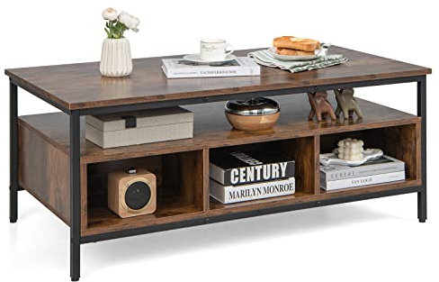 COSTWAY Coffee Table, Wooden Cocktail Center Table with Storage Shelf, Metal Frame Rectangle Accent Sofa Side Tea Table for Living Room, Bedroom and Office (6 Compartments+Straight Legs, 110x60x45cm)
