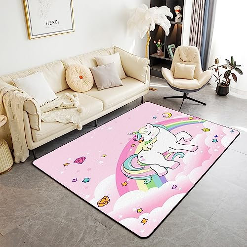 Licorne Tapis de Salon 100x150 filles mignonne licorne Tapis pour chambre Tapis de cheval de rêve magique Salon Rainbow Les nuages Tapis de sol intérieur décor de chambre Tapis d’accent rose