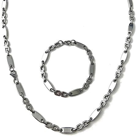 ayados Plattenkette Set Edelstahl 60,5 cm Steigbügelkette Cuban Halskette + Armband Platten Kette Set (Silber 6,5mm Plattenkette Set)