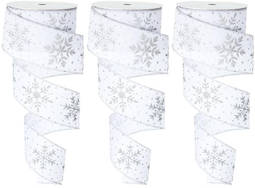 Cindeer 3 Rollen Weihnachten Schleifenbänder 2,5 Zoll 30 Yards Schneeflocken Geschenkbänder Sackleinen Bänder mit Draht für Weihnachtsbaum Geschenk Verpackung Bauernhof DIY Basteln (Weiß, Silbern)