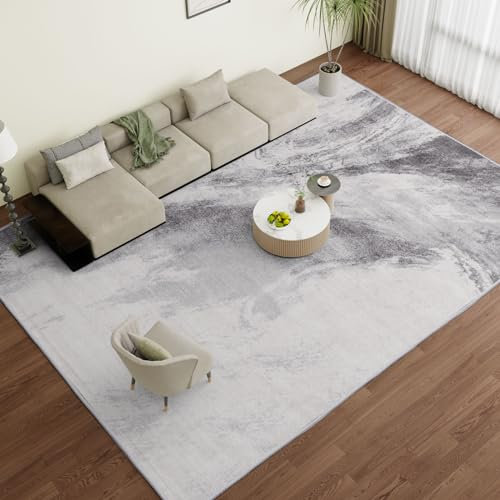 Vamcheer Machine Washable Rugs for Living Room - Modern Soft Faux Short Pile Area Rugs for Bedroom Dining Room Abstract Carpet for Office Non Slip Non Shedding Large Grey White Rug, 200x300CM