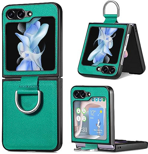Teayoha Case for Samsung Galaxy Z Flip 5, PU Leather Hybrid Hard PC Flip Slim Shockproof Case with Ring Protective Case Phone Cover for Samsung Z Flip 5 5G 2023 - Green