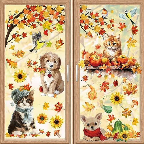 Aonveki 9 Blätter Fensterbilder Herbst Selbstklebend, Thanksgiving Herbstdeko Fenster Aufkleber Ohne Kleber, Ahornblätter Kürbis Kleintiere Fensterdeko Herbst für Kinderzimmer Cafe