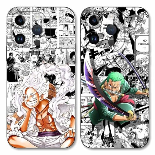 2 Stück Handyhülle für Apple iPhone 14 Pro Hülle 6.1'' Anime Luffy Zoro Gear 5 Sun God Nika Muster Design Manga Case Kameraschutz Schutzhülle Stoßfest TPU Silikon Weich Ultra Dünn Schwarz2