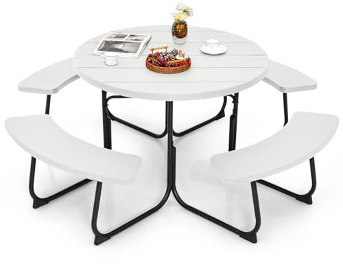 COSTWAY 8 Seater Picnic Table and Bench, All Weather Outdoor Dining Table Set with Built-in Benches and Umbrella Hole, Camping Table Sets Furniture for Patio Garden BBQ(Round,White