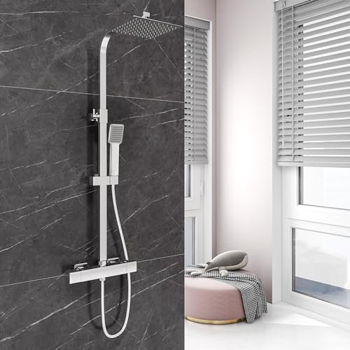 Aica Sanitarios Columna de Ducha Termostática Cuadrada con Barra Ajustable, Alcachofa de Ducha Lluvia Efecto para Baño