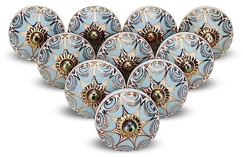 Hellblaue Knöpfe für Schränke und Schubladen, handgefertigte Kommodengriffe aus goldfarbener Keramik, Knöpfe für Küchenschränke und Kleiderschrankgriffe, Boho-Dekor, Möbelknöpfe – Türkis, 4er-Pack