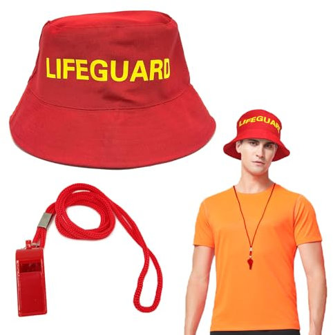 EUPSIIU 2 Stück Lifeguard Set Fasching Kostüm Karneval Verkleidung Rettungschwimmer, Rot Lifeguard Fischerhüte Herren Damen Kostüm Mit Kunststoff-Sportpfeifen für Rettungsschwimmer Trainer