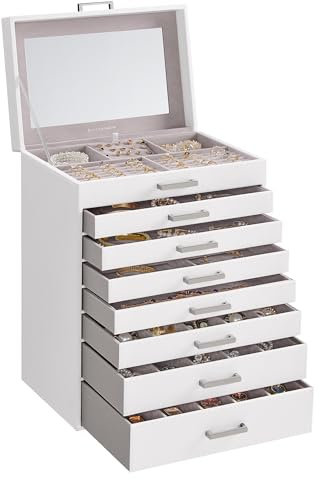 SONGMICS Schmuckkästchen, 8-stöckiger Schmuck-Organizer, großer Schmuckkoffer mit großem Spiegel, 7 Schubladen, großes Fassungsvermögen, Schmuckaufbewahrung, moderner Stil, Geschenk für geliebte