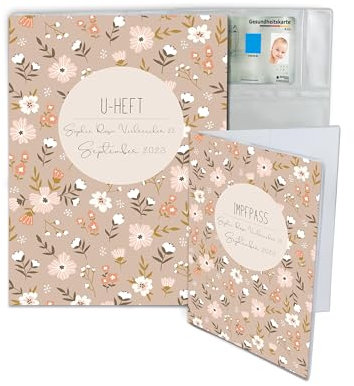 Minilino personalisierte U Heft Hülle 3-teiliges Premium Set für Impfpass & U-Heft [ SCHÜTZT WICHTIGE DOKUMENTE ] Organizer für Untersuchungsheft (Blumenwiese rose)