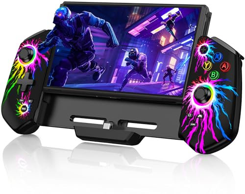 HELLCOOL Hall-Effekt Switch Controller, Plug&Play Handheld Switch Pro Controller für Switch/OLED Konsole, Switch Controller mit Präzise Joystick, Cooles RGB-Licht Look, 4xSpiele Karten Slots