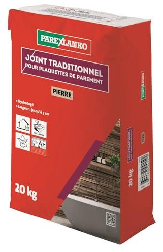 PAREXLANKO - Joint traditionnel pour plaquette de parement - Pierre - Joints jusqu’à 3 cm de large sur tous types de plaquettes, briquettes et pierres de parement - Murs intérieurs et extérieurs- 20kg