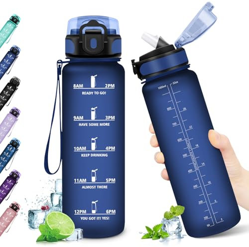 KollyKolla Trinkflasche 1L, Trinkflasche mit strohhalm, Sport Trinkflasche mit Zeitmarkierung, Auslaufsicher Wasserflasche Kohlensäure Geeignet für Kinder, Fahrrad, Schule, Maedchen, Junge