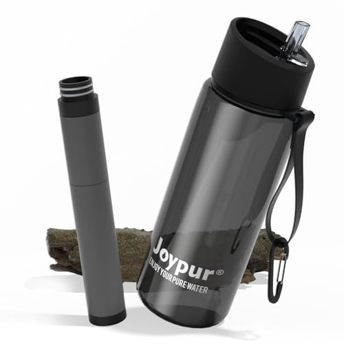 joypur Gourde filtrante eau non potable Bouteille d'eau extérieure avec filtre 650 ml Filtre à eau de survie avec 5 couches de matériaux filtrants pour le sport Camping Randonnée, Noir