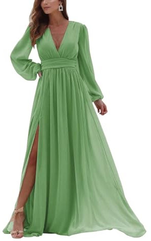 YIANN Sage Green Bridesmaid Dresses Long Sleeve V Neck A Line Chiffon Wedding Guest Dress for Women with Slit UK8