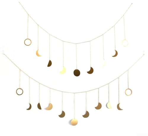 Eawfgtuw Mondphasen-Wandbehang Girlande Bohemian Metall Dekor Ornament Gold 11 Monde Ästhetische Raumdekoration für Schlafzimmer Wohnzimmer 126 cm/141 cm (groß)