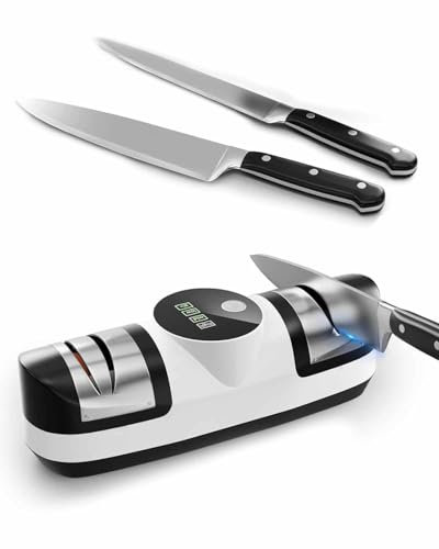 Electric Knife Sharpener, 5 in 1 Rechargeable Diamond Sharpening System with 3 Adjustable Speeds, LED Display for Coarse and Fine Sharpening