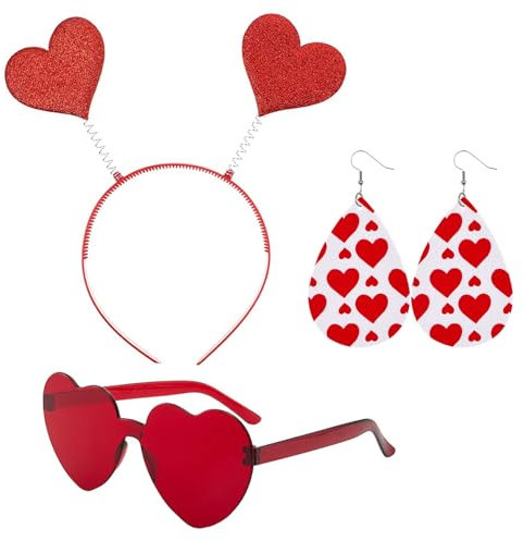 TAXTYHRE Herz Stirnband, Herz Haarreif Rot, mit Herz Brille und Herzförmige Ohrringe, für Karneval Fasching Hochzeit Valentinstag Foto Requisiten Kostüm Party