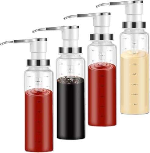 Lot de 4 distributeurs à pompe à sauce, sirop de café, bouteilles en verre de 500 ml avec pompes en acier inoxydable, anti-fuite, pompes de qualité alimentaire pour miel, sirops, huile, condiments,