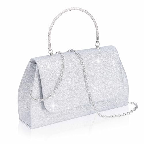 Larcenciel Bolso Mujer Plateado, Elegante Purpurina Bolso Fiesta Mujer con Cadena Desmontable, Brillante Metálica Clutch, Bolso Bandolera de Moda, Carteras de Mano para Boda Fiesta Cóctele, 22x11x5CM
