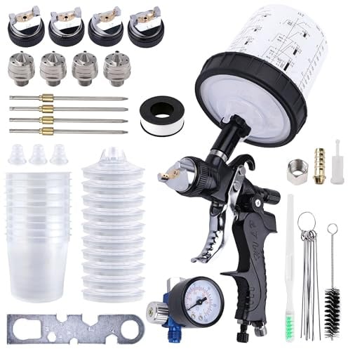 Zeinlenx HVLP Spritzpistole mit 10 Stück 600 ml Einweg-Farbbechern, Spritzpistole mit 4 Düsen, 1,4/1,7/2,0/2,5 mm, Automobil-Schwerkraftzufuhr-Farbspritzpistole, Set mit Luftkompressor für Autolack