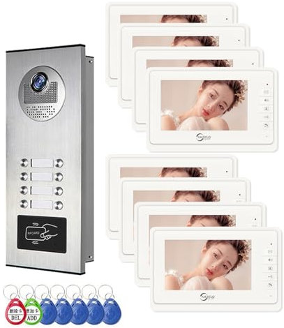 Système d'interphone vidéo filaire pour appartement, 8 unités de moniteur de 17,8 cm, sonnette vidéo intérieure et extérieure, déverrouillage de carte d'identité, audio bidirectionnel, 6 écrans pour