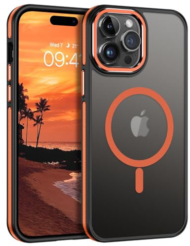 YINLAI Cover per iPhone 14 Pro Compatibile con MagSafe Custodia Magnetica iPhone 14 Pro Sottile Traslucida Opaca Antiurto Protettiva Antigraffio Cellulare Custodia, Nero/Arancione