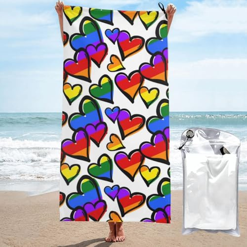 Gay Pride Handtuch mit Herzen, schnelltrocknend, Mikrofaser, Fitnessstudio, Reisen, Strand, Dusche, Rucksackreisen, Pool, Yoga und Schwimmen