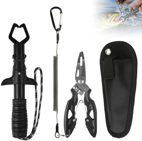 wiipara Angelzubehör Set - 3-teiliges Angelset mit Edelstahl-Fischzange, Fischgreifer & Schutztasche | Sprengringzange Angeln Werkzeuge | Langlebiges Angelbedarf für Angler & Angelgeschenke für Männer