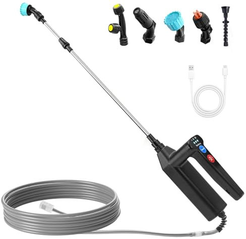JOAASU Spruzzatore Elettrico per Piante, 7.4V Nebulizzatore Piante, Nebulizzatore Elettrico con 4 Beccuccio, 3 Velocità di Pompa Irroratrice, 5M Tubo, con Indicatore del Livello Della Batteria