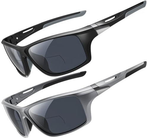 Amorays Bifokale Sonnenbrille mit Sehstärke Herren Wrap Around Sportlich Sonnenbrillen Leser Outdoor Clear Top Soft Nose Pads PC Frame UV400 8020（Schwarz&Grau，+2.50）
