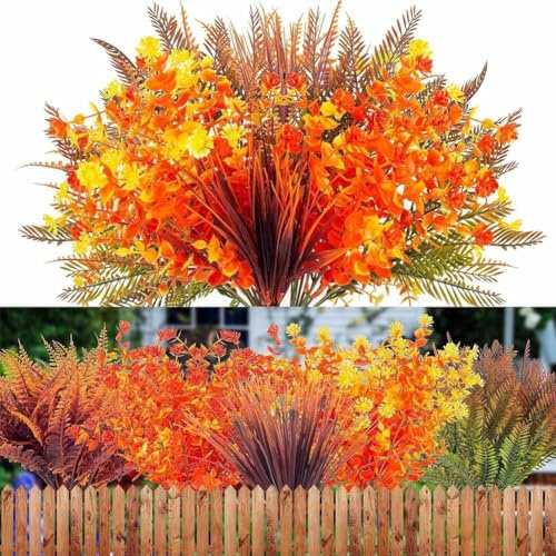 Journdream Lot de 20 bouquets de fleurs artificielles d'automne, fausses fleurs artificielles pour l'extérieur, résistantes aux UV, pour jardin, véranda, jardinière