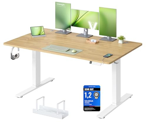 VASAGLE Bureau Électrique Réglable en Hauteur, 140 x 80 cm, avec Port USB-C, Support pour Multiprise, Rappel de Sédentarité, Fonction Mémoire 3 Hauteurs, Télétravail, Couleur Chêne Naturel LSD144YA02