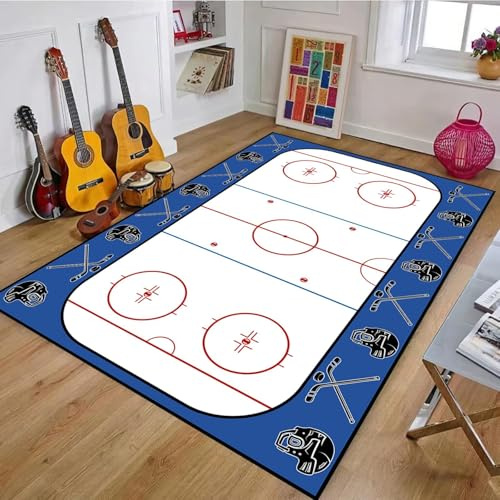ZLXMN Eishockey-Spielfeld-Teppiche,70x140cm,Blau-Roter Sportplatz-Teppich, rutschfest Waschbar Fusselfrei Nachttisch-Teppiche füR Schlafzimmer Wohnzimmer Sportveranstaltung Stadion MäNnerhöHle