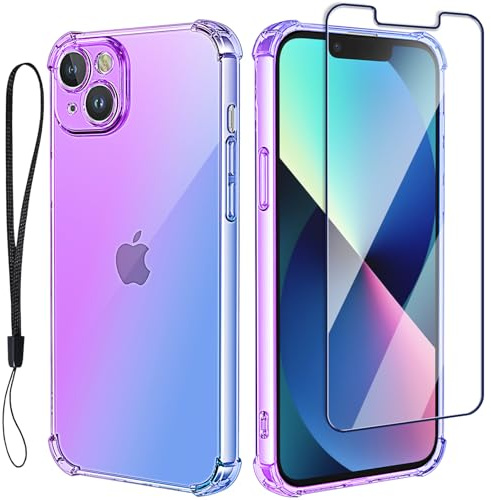 for iPhone 13 Mini Case with Screen Protector: Transparent Slim Thin Soft Silicone TPU Protective Phone Cover with Lanyard Strap for iPhone 13 Mini (Purple/blue)