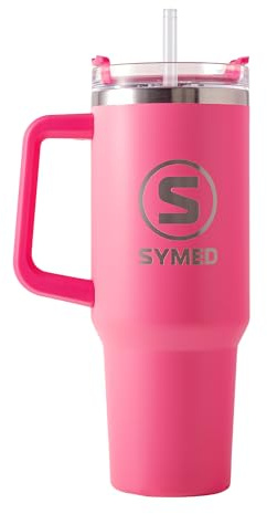 SYMED 40oz (1.18L) Insulated Tumbler with Handle & Straw – Stainless Steel Travel Cup, Leak-Resistant Lid, Dishwasher-Safe (Rose)
