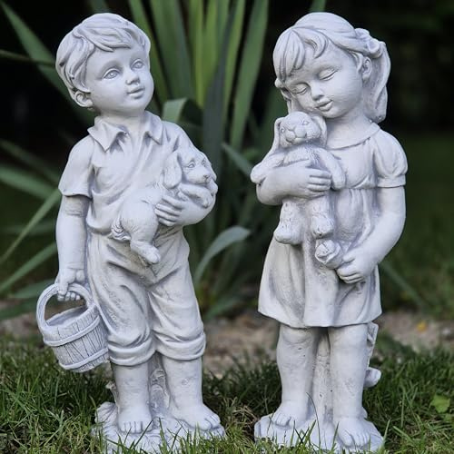 FABRIQ Set Steinfiguren Junge & Mädchen – Steinguss Kinderfiguren für Gartendeko – Wetterfest & frostsicher – Liebevolle Dekofiguren für Garten & Terrasse