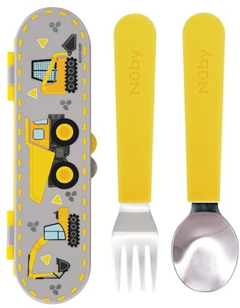 Nuby Stainless Steel Toddler Utensils with Travel Case – Easy-Grip Fork & Spoon Set for Self-Feeding, Safe Rounded Edges, Durable Stainless Steel, Perfect for On-The-Go Meals, Construction Zone