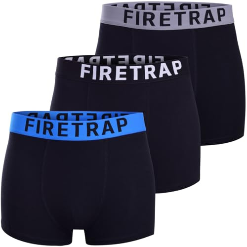 Firetrap Mens Boxer Shorts 3 Pack Stretch Cotton Trunks Bulk Multipack Underwear for Men, Soft Breathable Comfort Fit Elastic Waistband, Everyday Casual Underpants Gym Work Black, Grey, Blue M