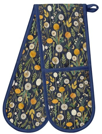 Yellow Oven Mitts Heat Resistant Dandelion Double Oven Gloves with Loop Non-Slip Cute Meadow Design Cotton Gloves Extra Long for Kitchen Cooking Baking Barbecue Grilling