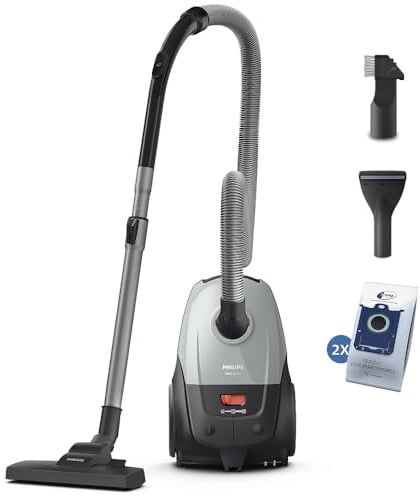 PHILIPS Beutelstaubsauger 2000 Serie, Grau, 800 W | 9 m Aktionsradius, Mehrzweckdüse, HEPA-Filter, 2 Staubbeutel inkl. (XD2142/12)