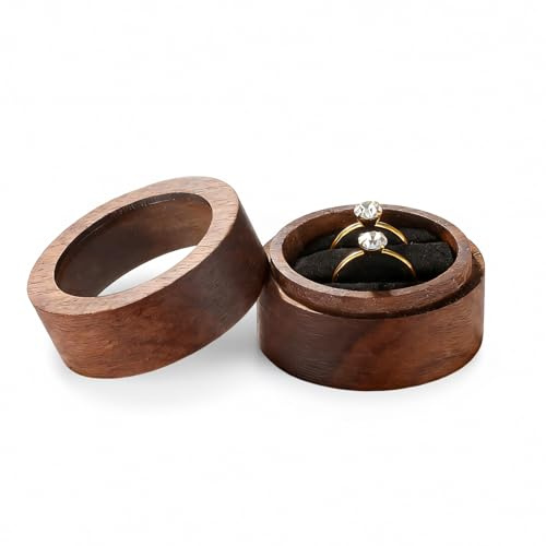 Aysatogc Ringbox Hochzeit Walnuss Holz Ring Box Runde Ringschatulle mit 2 Slots Vintage Ring Schachtel Ehering Box für Heiratsantrag, Verlobung, Hochzeit und Tägliche Lagerung