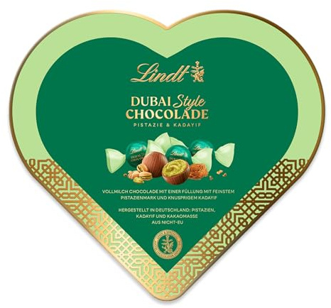 Lindt Schokolade | Dubai Style Chocolade Valentinstag Herz | 115g | zarte Vollmilch-Schokolade Kugeln mit feiner Pistaziencreme und knusprigem Kadayif Füllung | Schokoladengeschenk