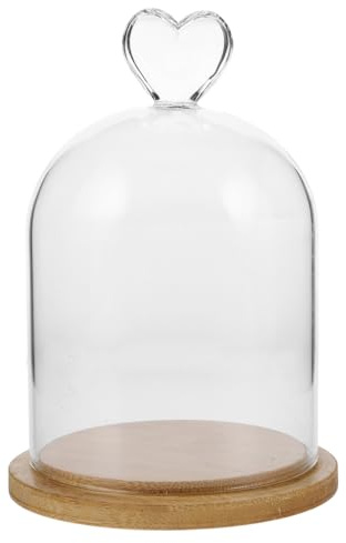 TOVINANNA 1Pc Cloche en Verre Dôme 15x11cm, Poignée Cœur avec Socle en Bois | Présentoir Transparent Anti Poussière pour Fleurs Séchées et Bougie Parfumée, Décoration Romantique de Table et Cadeau DIY