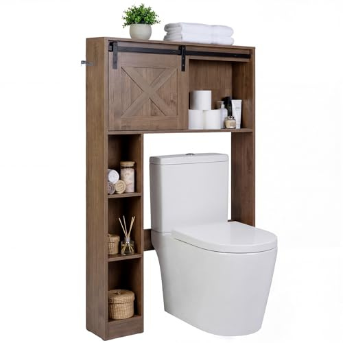 COSTWAY Armario de Almacenamiento sobre el Inodoro WC, Estante de Baño con Puerta Corredera & Estantes de Almacenaje, Estantería Multifuncional para Baño, Lavandería, 84,5 x 17 x 128 cm (Café)