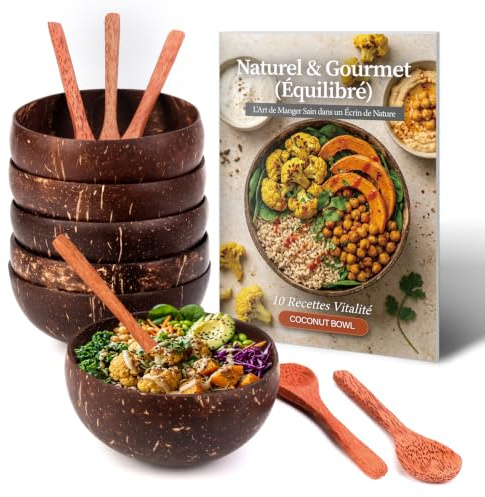 jiawaggag Lot De 6 Bols Noix De Coco Naturels Et 6 Cuillères En Bois Avec Carnet De Recettes 600 Ml Réutilisable Bol En Noix De Coco Poli Pour Céréales Salade Smoothie Bowl Poke Bowl Buddha Bowl