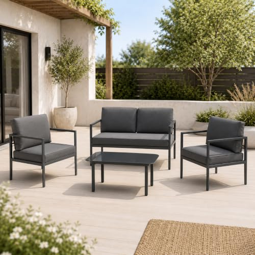Home Collective Gartenmöbel Set Balkonmöbel Lounge Möbel Outdoor Outdoormöbel | 4-teilig | 2-Sitzer 2 Sessel 1 Tisch | abziehbare Kissen in grau Glastisch | Garten Terrasse Balkon | Anthrazit