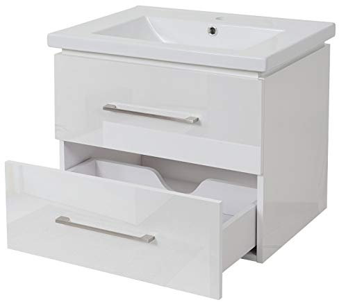 Mendler Premium Waschbecken + Unterschrank HWC-D16, Waschbecken Waschtisch, Hochglanz 60cm - weiß