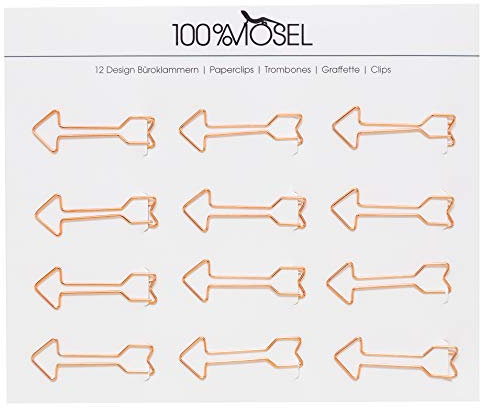 100% Mosel Büroklammern Roségold, 12 Stück, in Pfeil-Design (5 x 1,7 cm), edle Klammern aus Metall, modernes Accessoire fürs Büro/Homeoffice, elegante Deko zu besonderen Anlässen